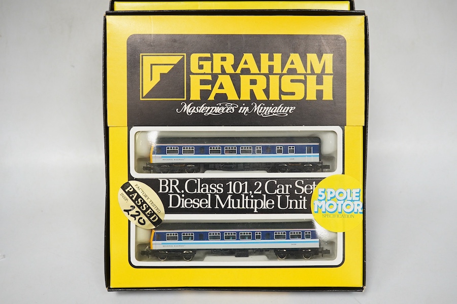 Four boxed Graham Farish N gauge railway Class 101 train packs; a BR Regional Railways 2-car DMU (8131), a Strathclyde 3-car DMU (814A), a BR 3-car DMU (8143) and a Network SouthEast 3-car DMU (8148). Condition - good.